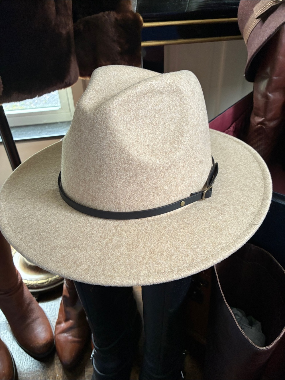 Beige Wool Blend Fedora with Black Leather Band